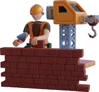 3d builder laying down bricks.3d man construction worker with building material